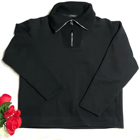 Theory Camner Quarter-Zip Funnel Neck Black Cotton Blend Pullover Sweatshirt XL - Picture 3 of 11